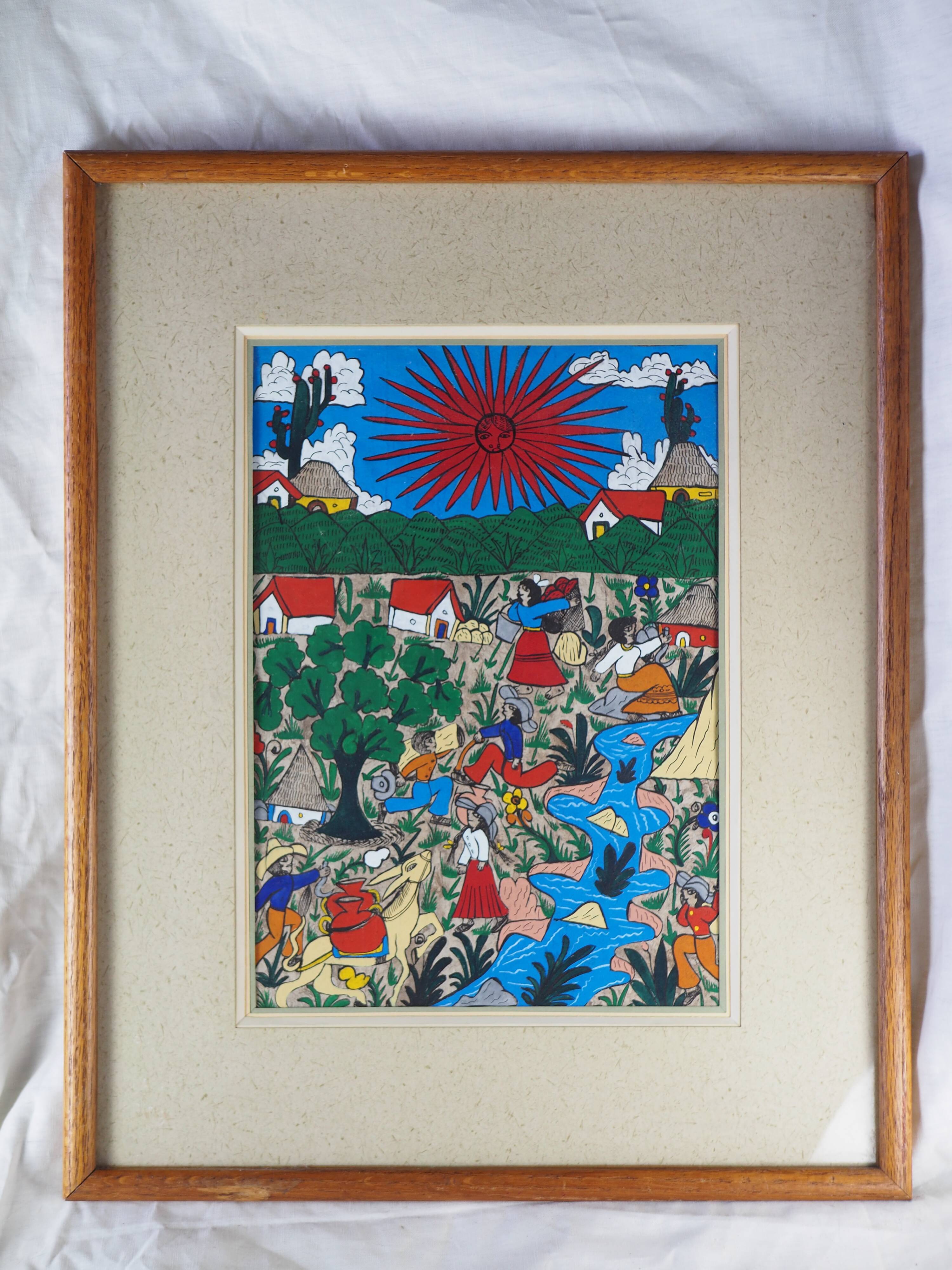 Peasants, river and donkey under a red sun - Mexican folk art - 1970s