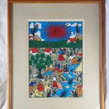 Peasants, river and donkey under a red sun - Mexican folk art - 1970s