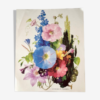 Watercolor on paper Bouquet bleu J.A Mercier, repro