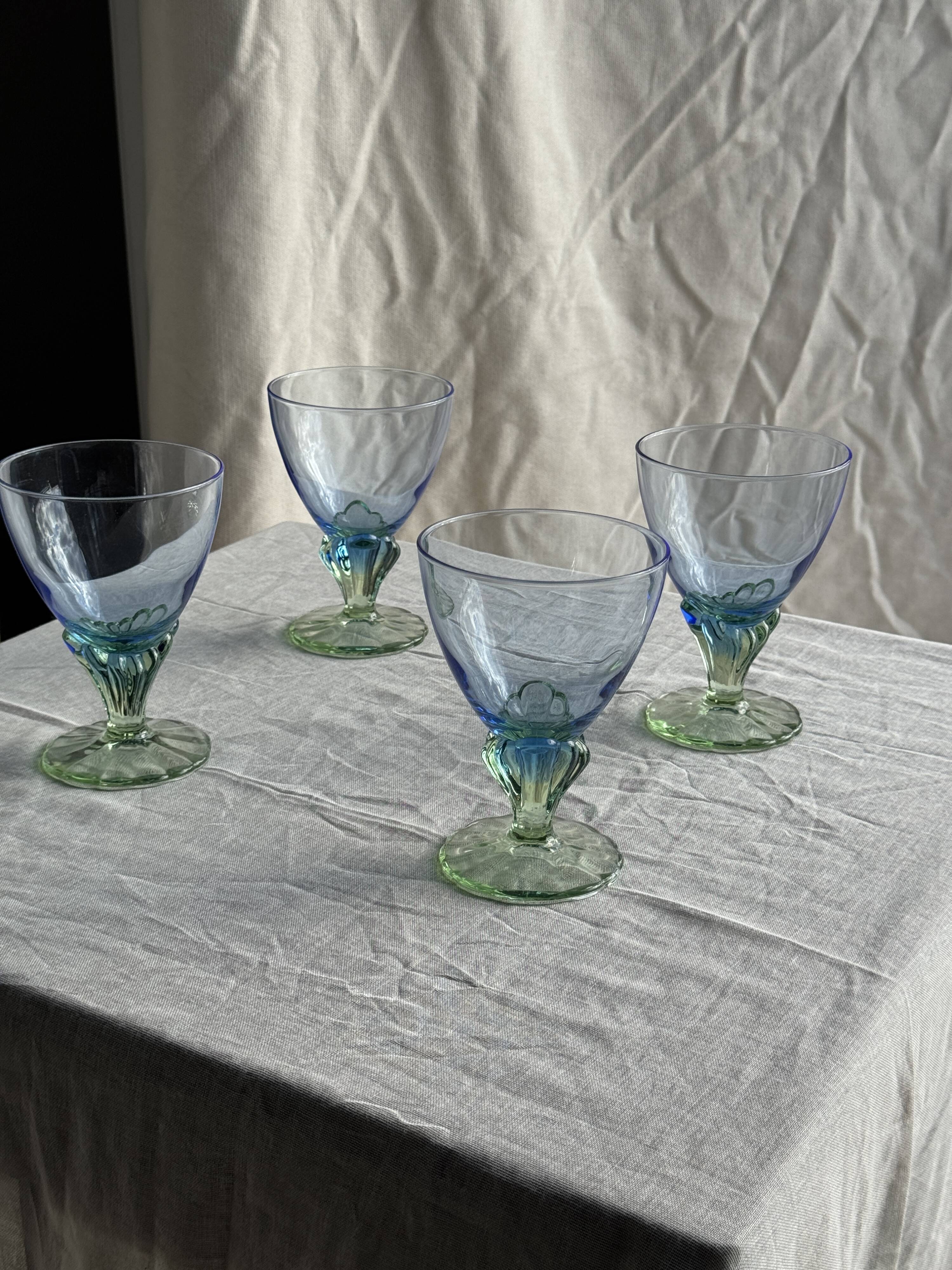 Set of 4 large blue and green glasses H14 D10