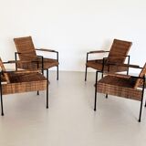 Rattan wicker and iron lounge chairs, set of 4