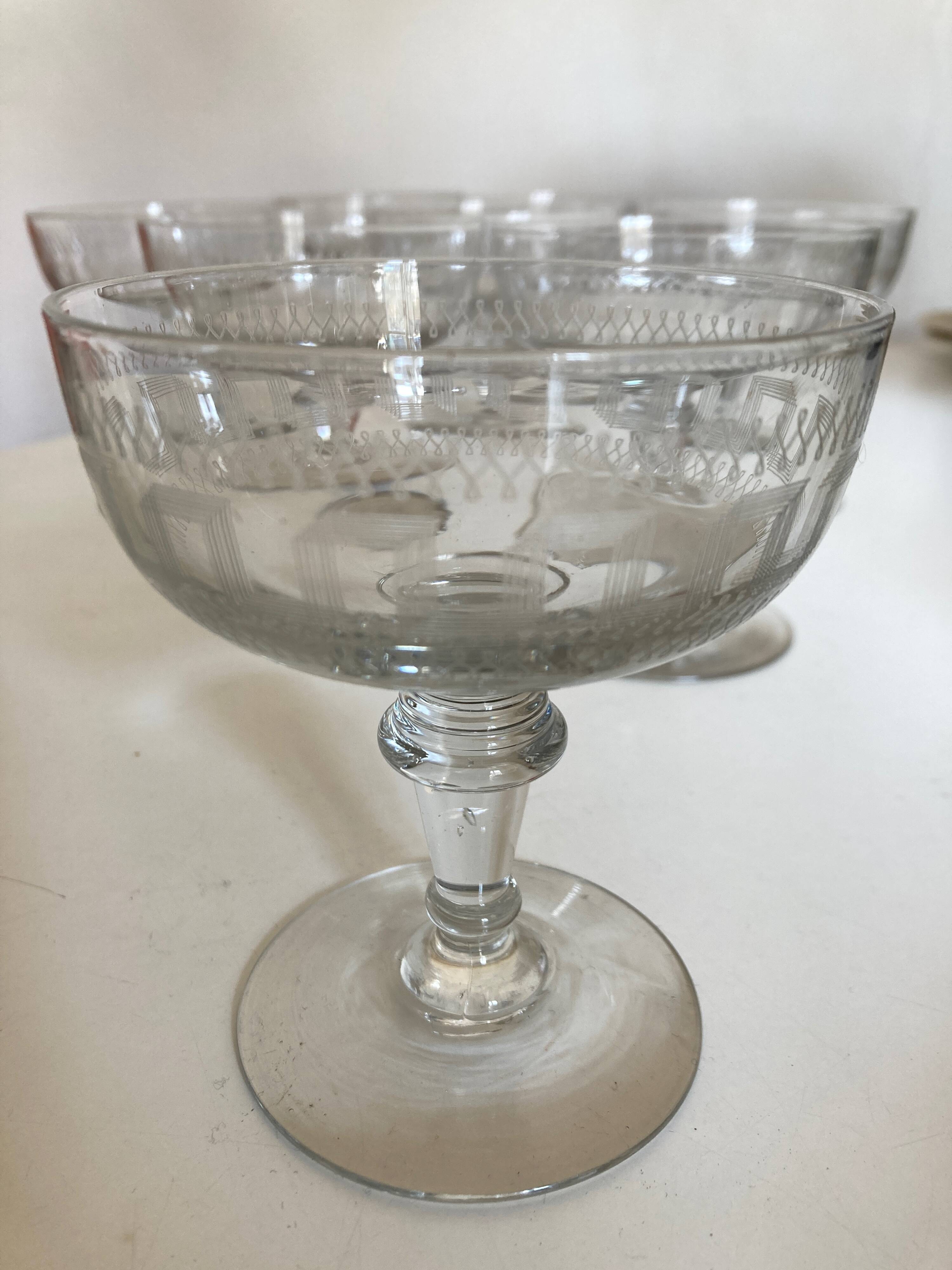 set of 8 neo classic engraved half crystal champagne glasses 1900