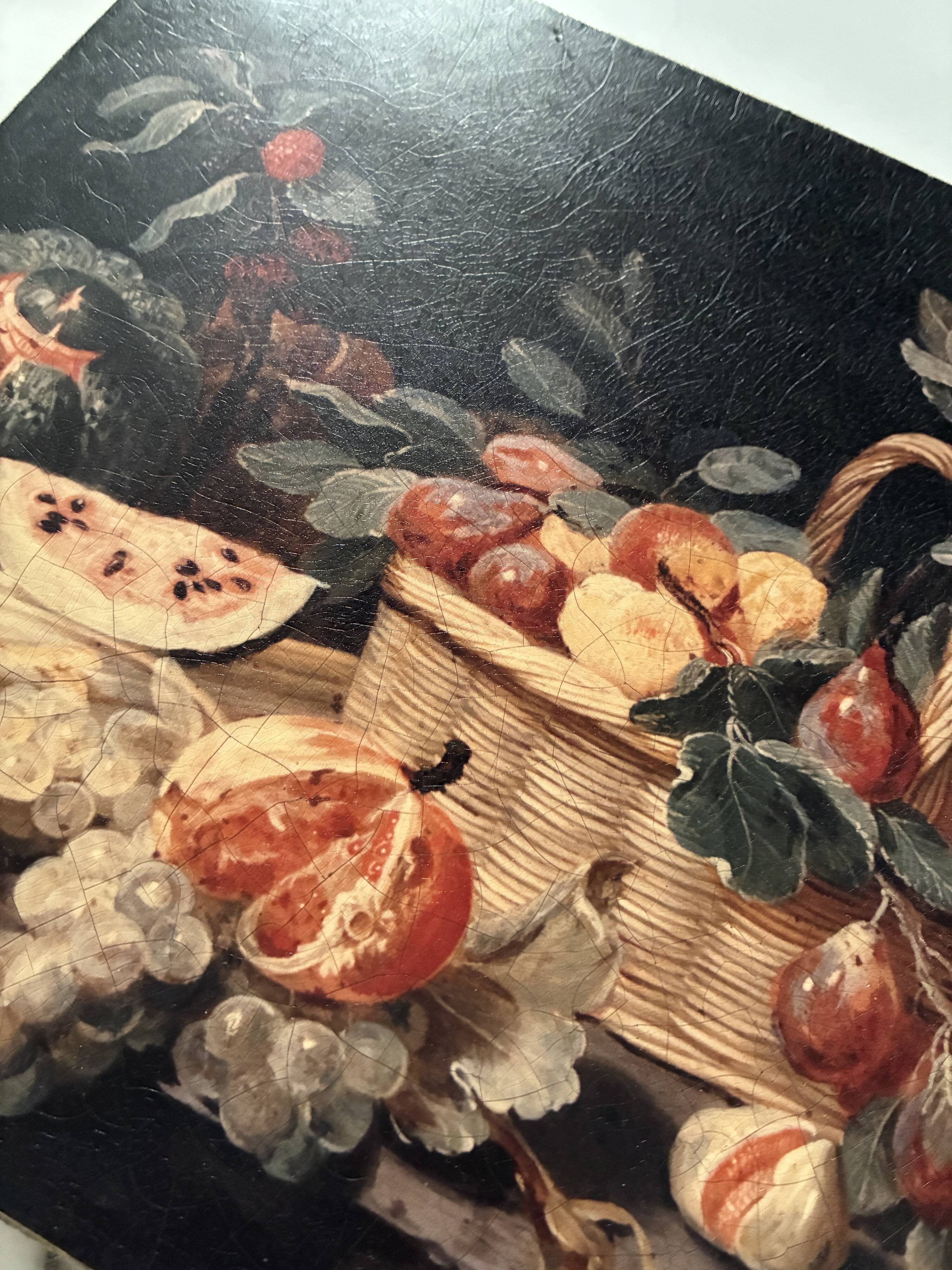 Small still life painting on a black background.