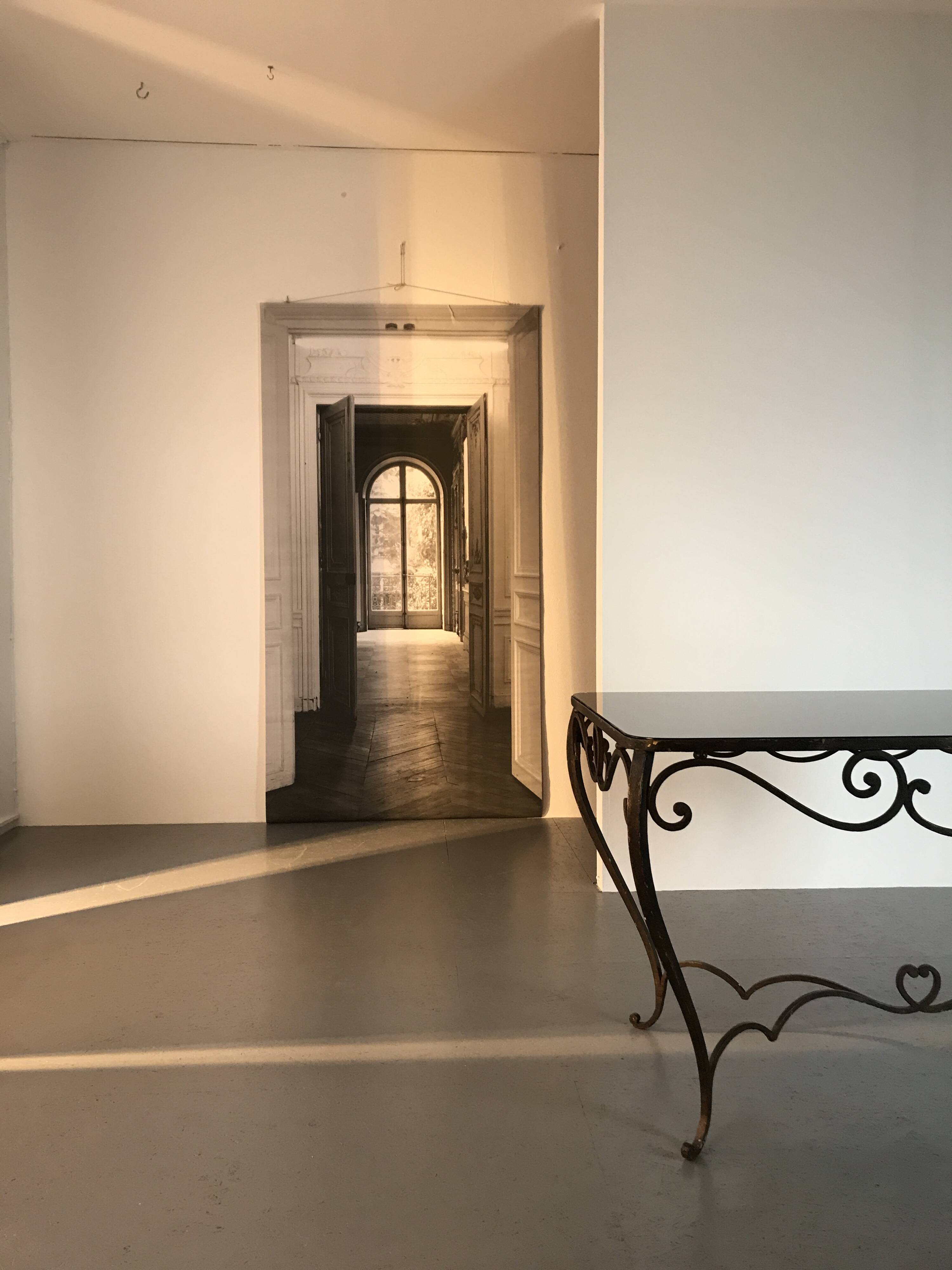 French Art Deco Wrought Iron Dining Table with Black Colored Glass, 1930s