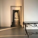 French Art Deco Wrought Iron Dining Table with Black Colored Glass, 1930s