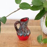 Petit vase pichet vintage en céramique, poterie de lave française des années 1950, rouge et gris