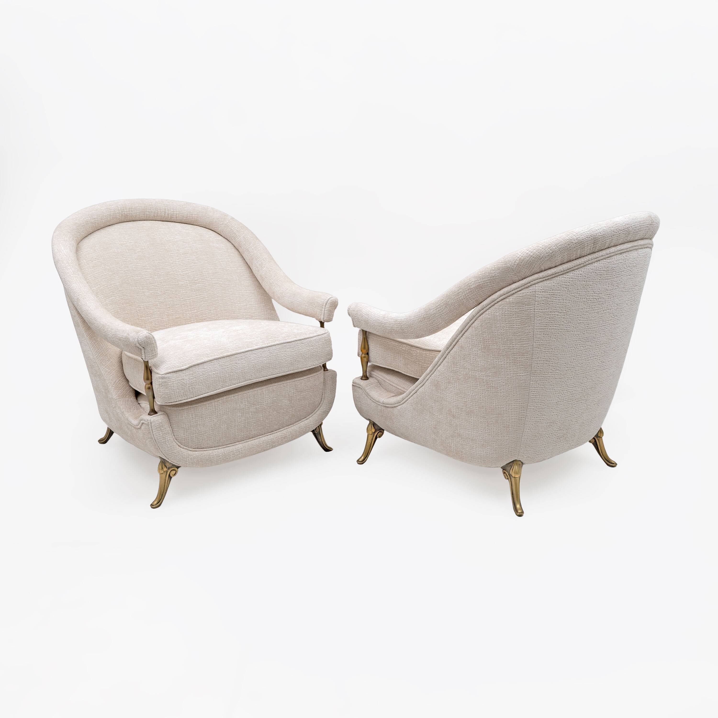 Pair of French Mid-Century Armchairs in Art Deco Style with Brass Details
