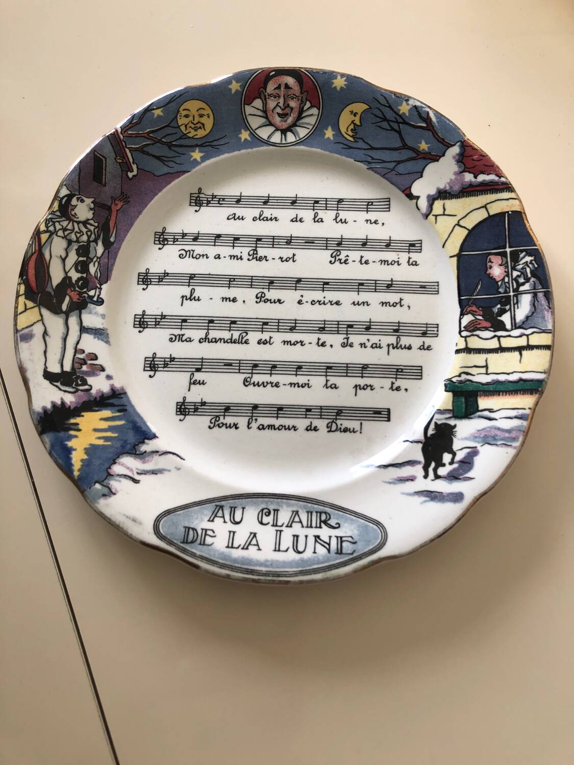 Vintage Au Clair de la Lune Plate from the 1930s Sarreguemines fayenceries