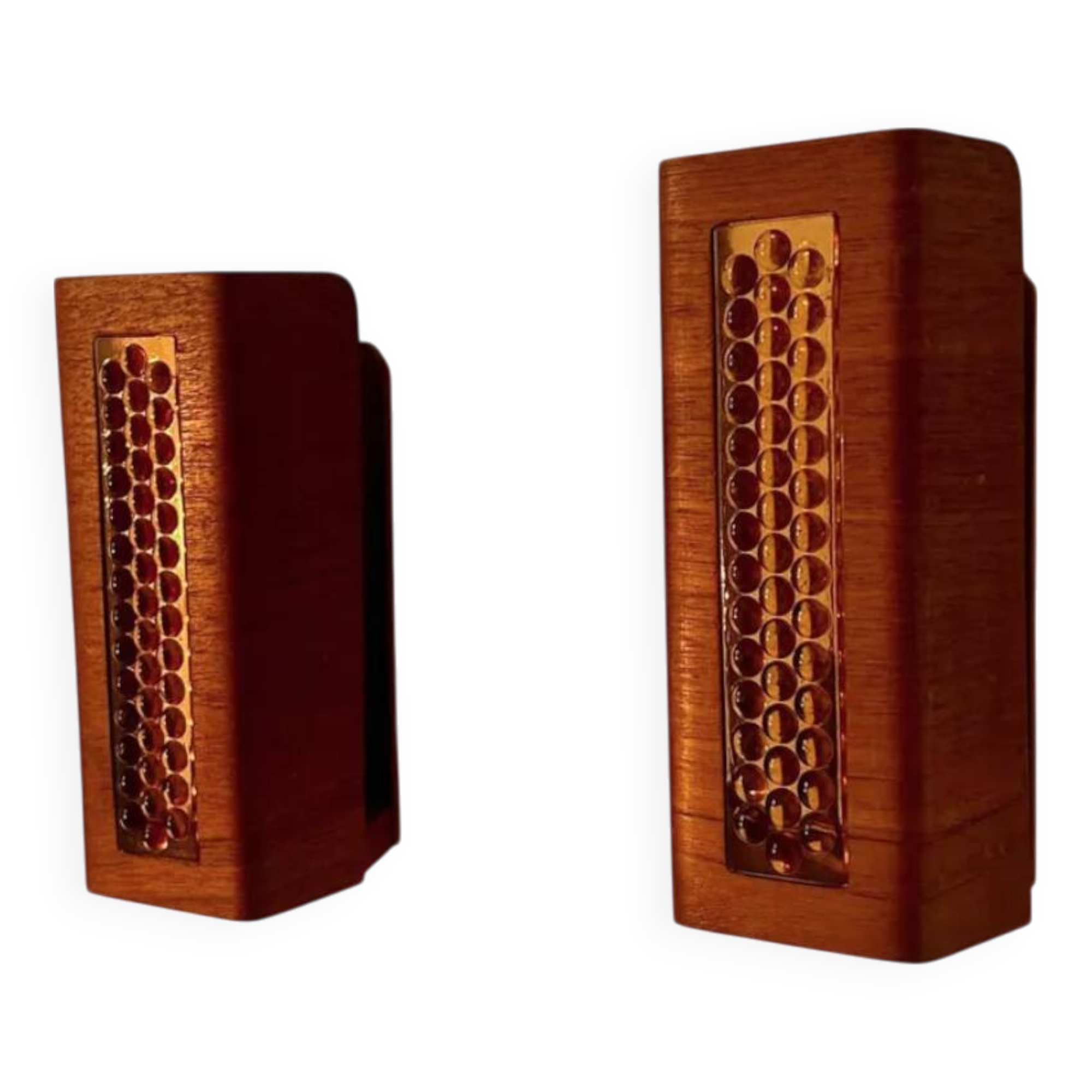 Pair of vintage wall lights, teak and amber glass, Sweden 1960