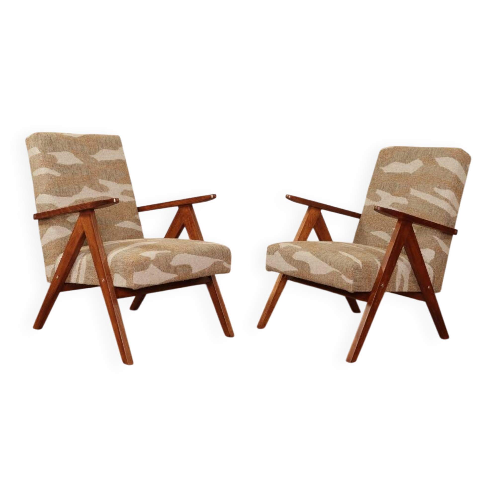 Pair of vintage lounge chairs in brown jacquard fabric and wood.