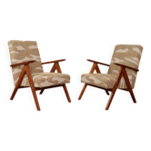 Paire de fauteuils lounge vintage en tissu jacquard marron et bois
