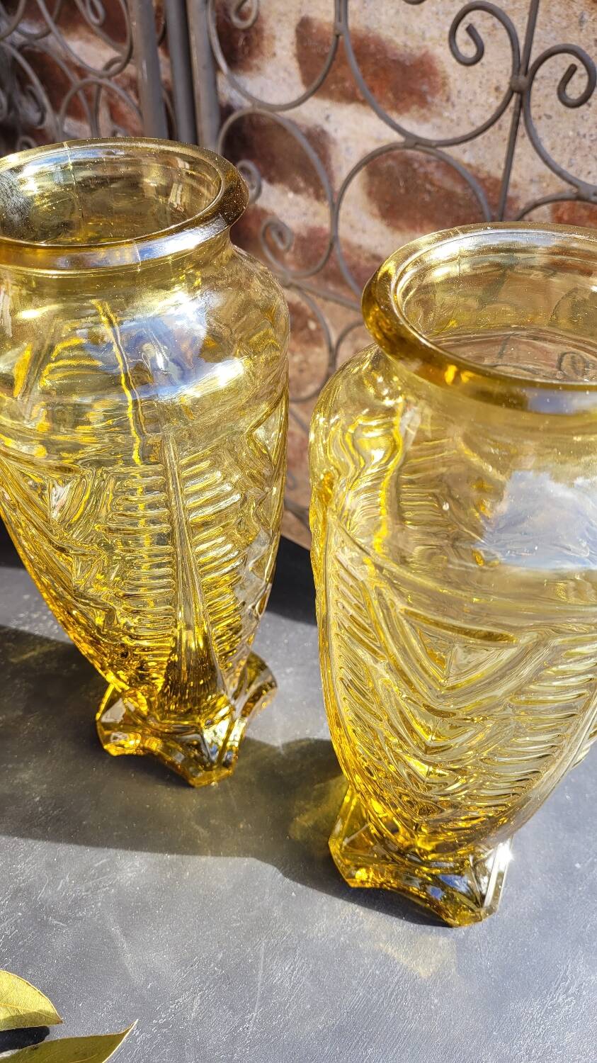 Pair of Art Deco vases in amber moulded glass