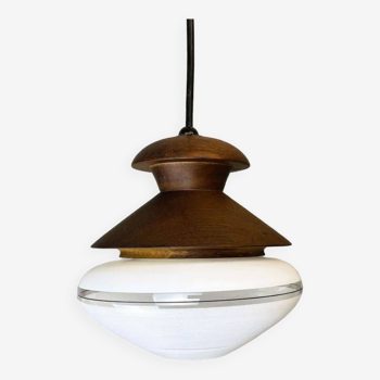 Portuguese mid century modern wood and glass hanging lamp