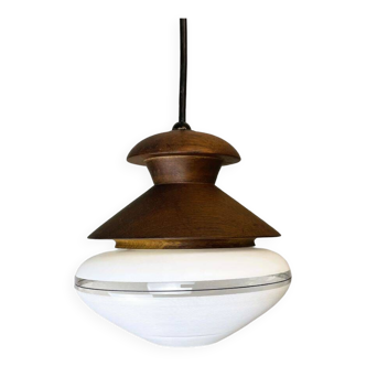 Portuguese mid century modern wood and glass hanging lamp