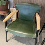 Galathée armchair in green leather, steel and ash wood