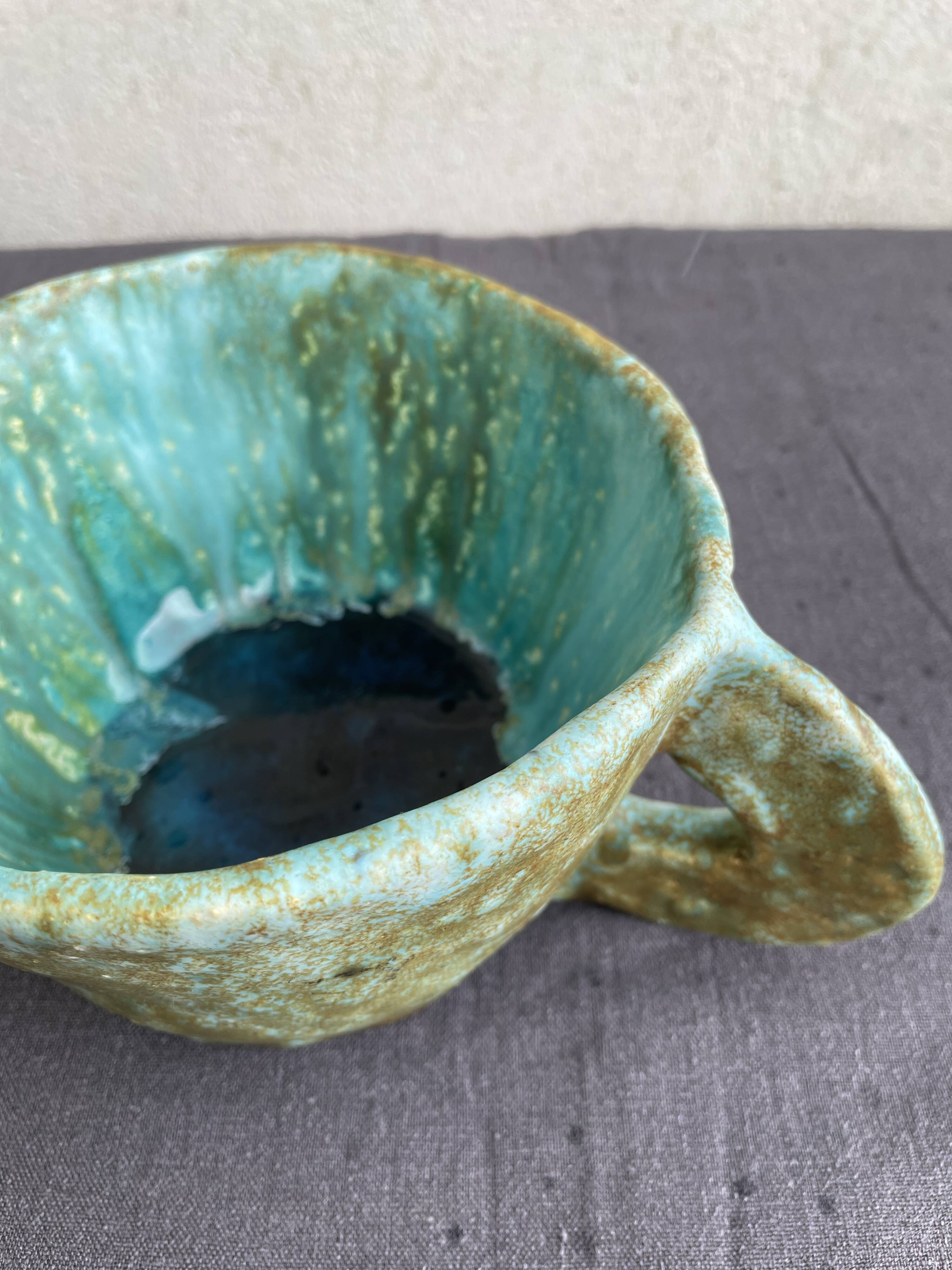 Stoneware bowl with handles, signed handmade ceramic.