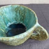Stoneware bowl with handles, signed handmade ceramic.