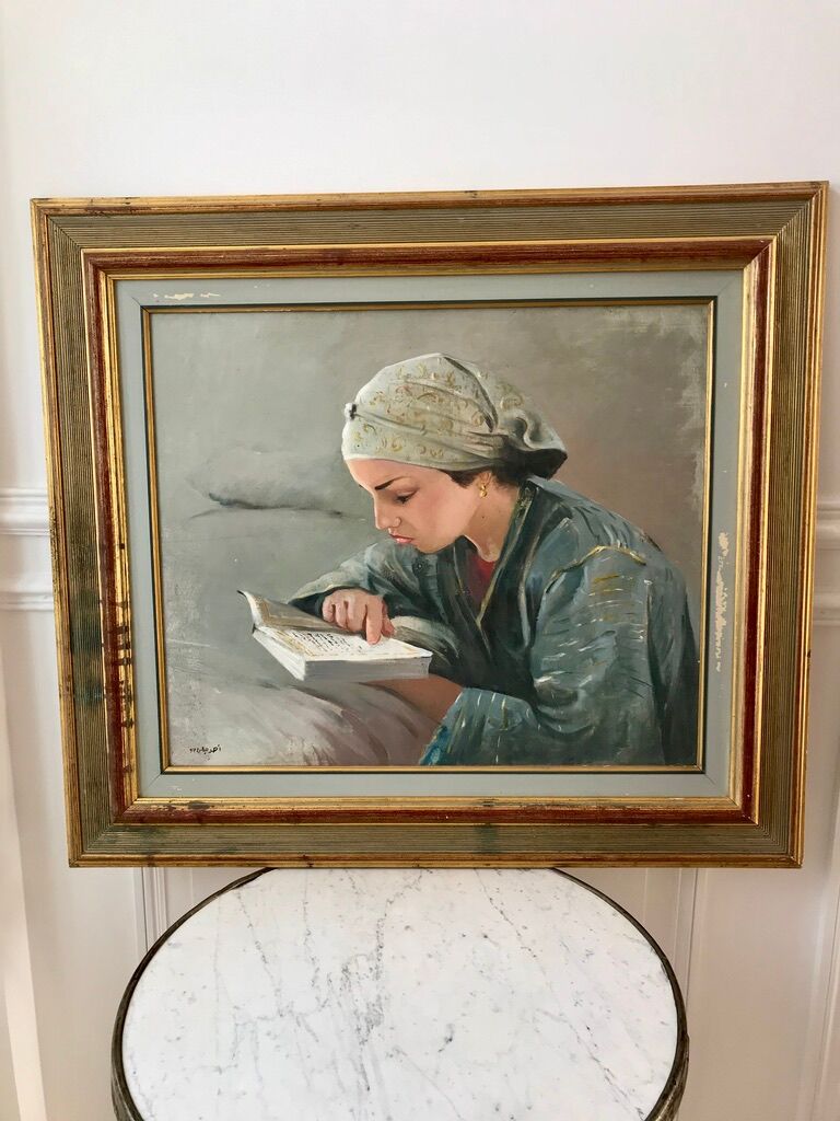 Oil painting on canvas portrait young girl who reads signed