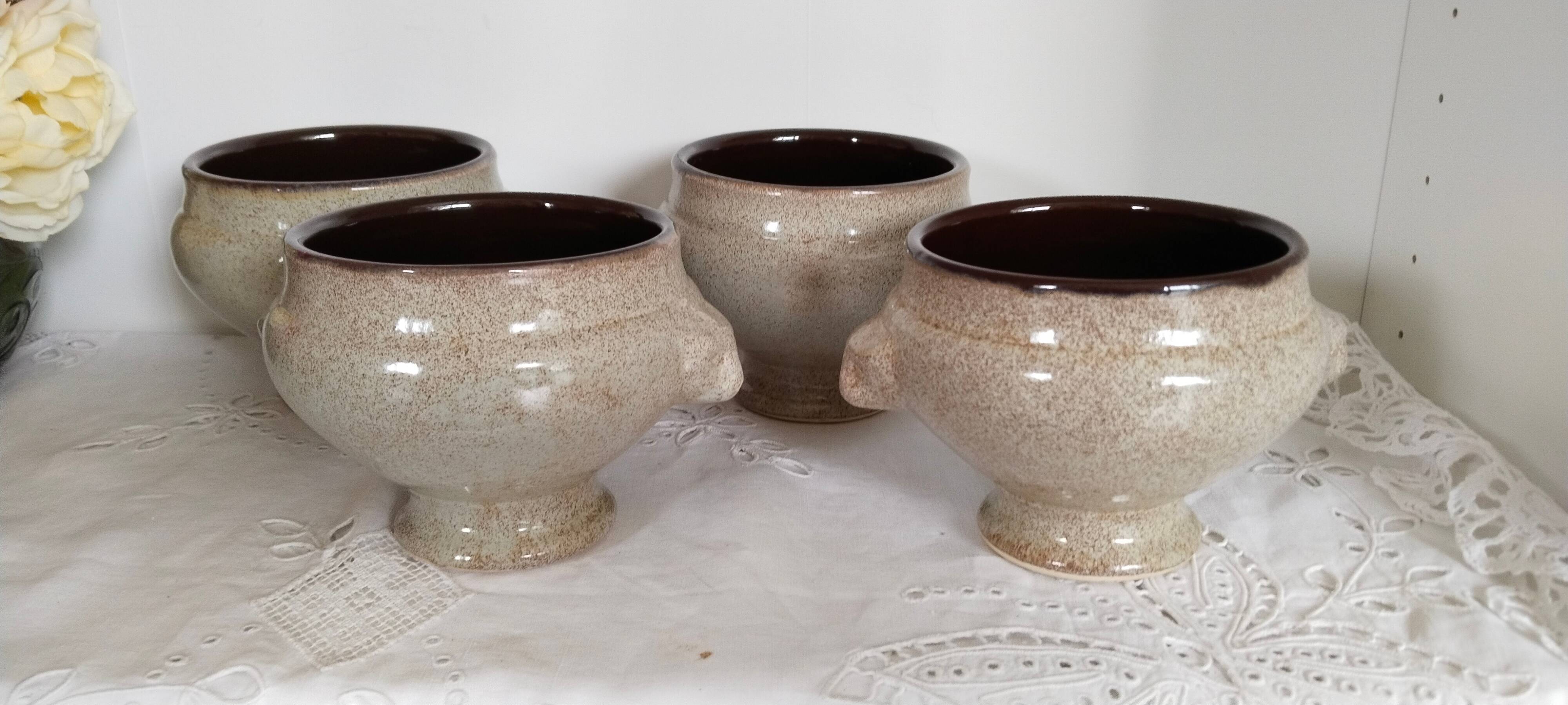 4 Vintage Ceramic Lion Head Onion Soup Bowls
