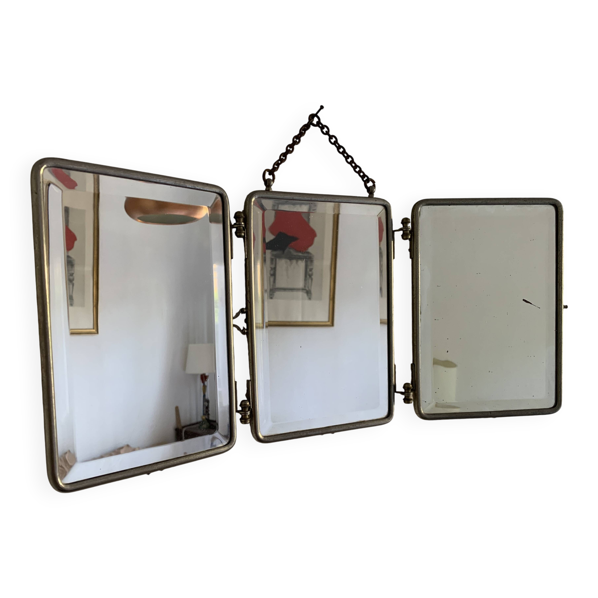 Miroir vintage 1910 triptyque barbier fleur de lys doré - 22 x 50 cm