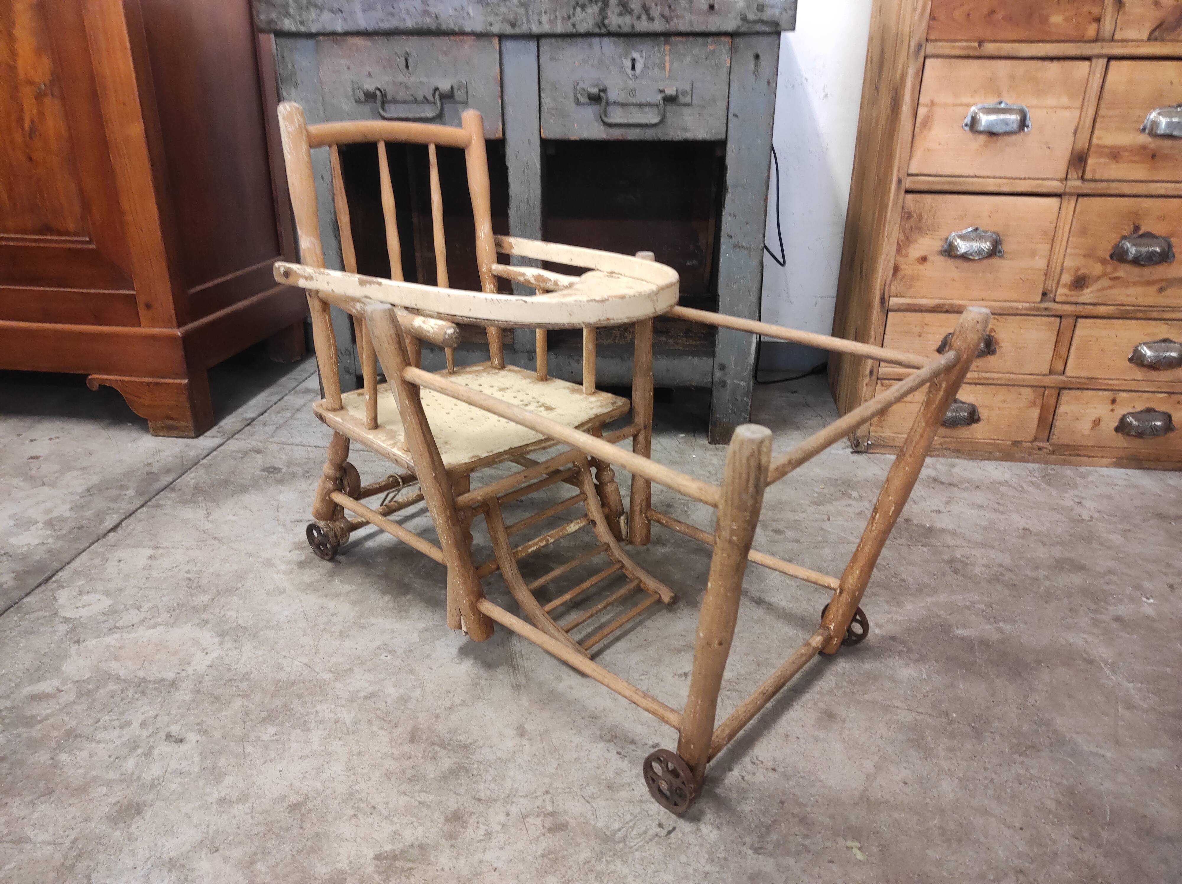 High chair retro baby old wood beech modular patinated white cream art deco dlg Baumann