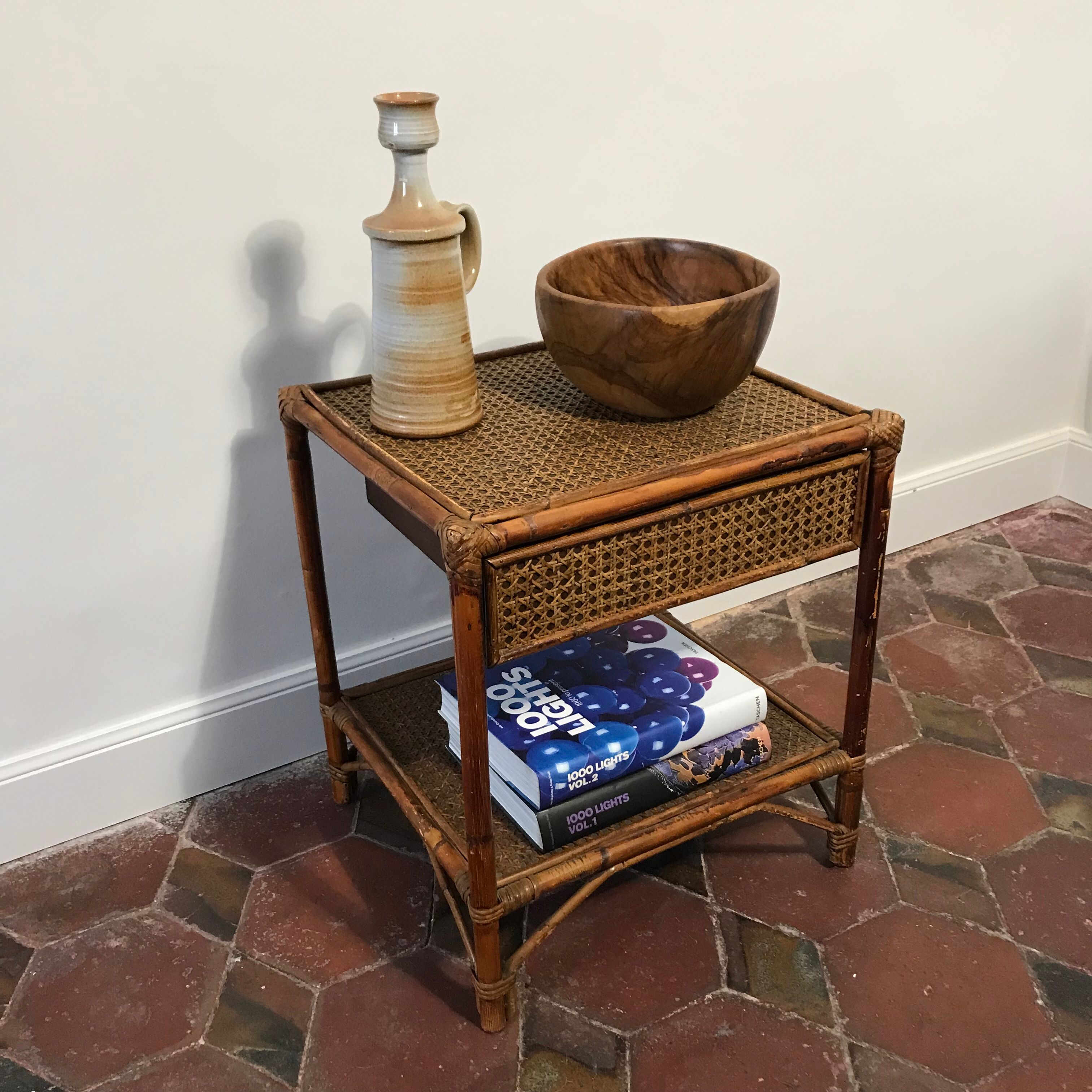 Vintage bedside table 1970 wicker and canning