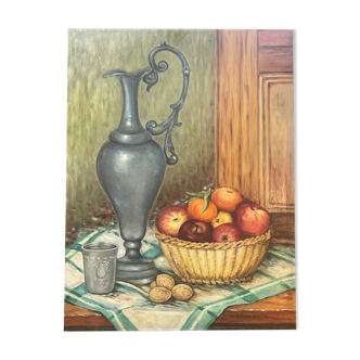 Still life, oil on panel, fruit basket, Signed S. Chatillon Bertin