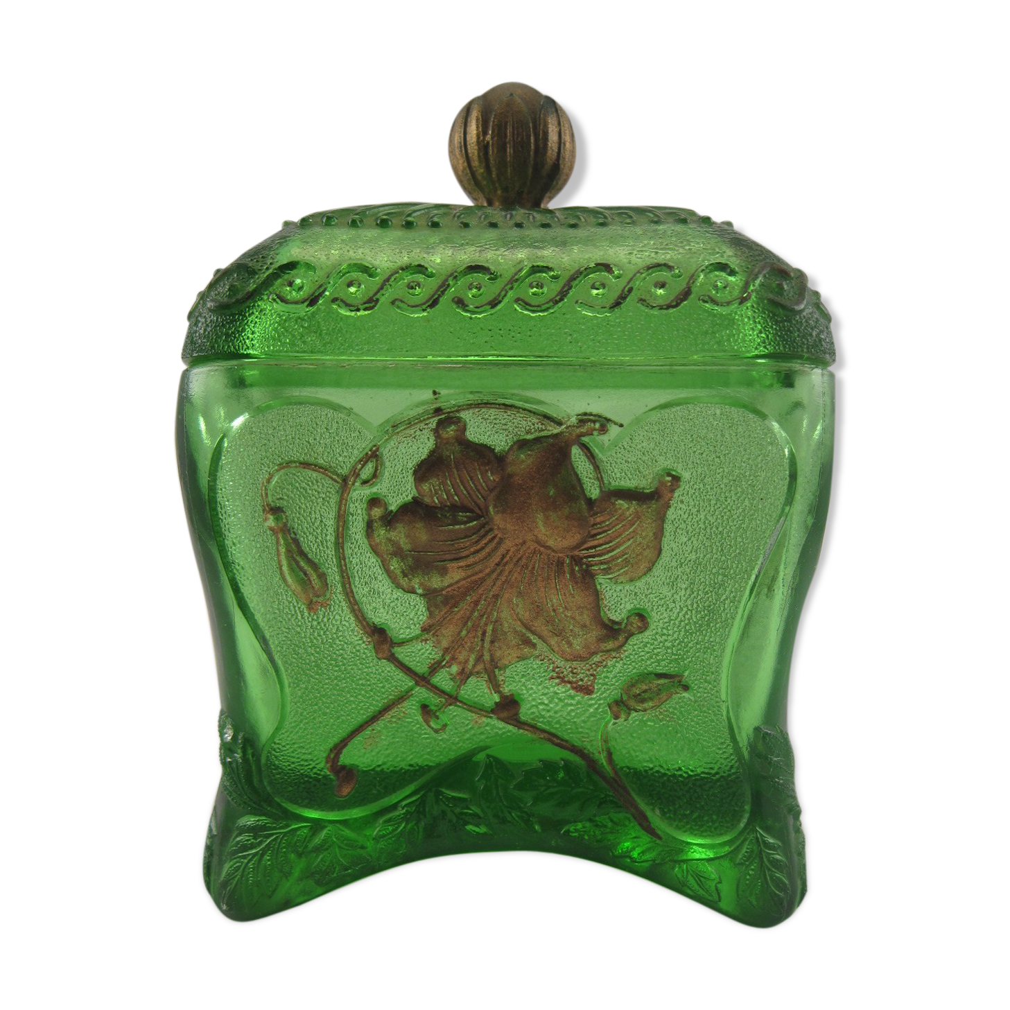 Bonbonnière verre moulé pressé vert doré Cristallerie de VALLERYSTHAL