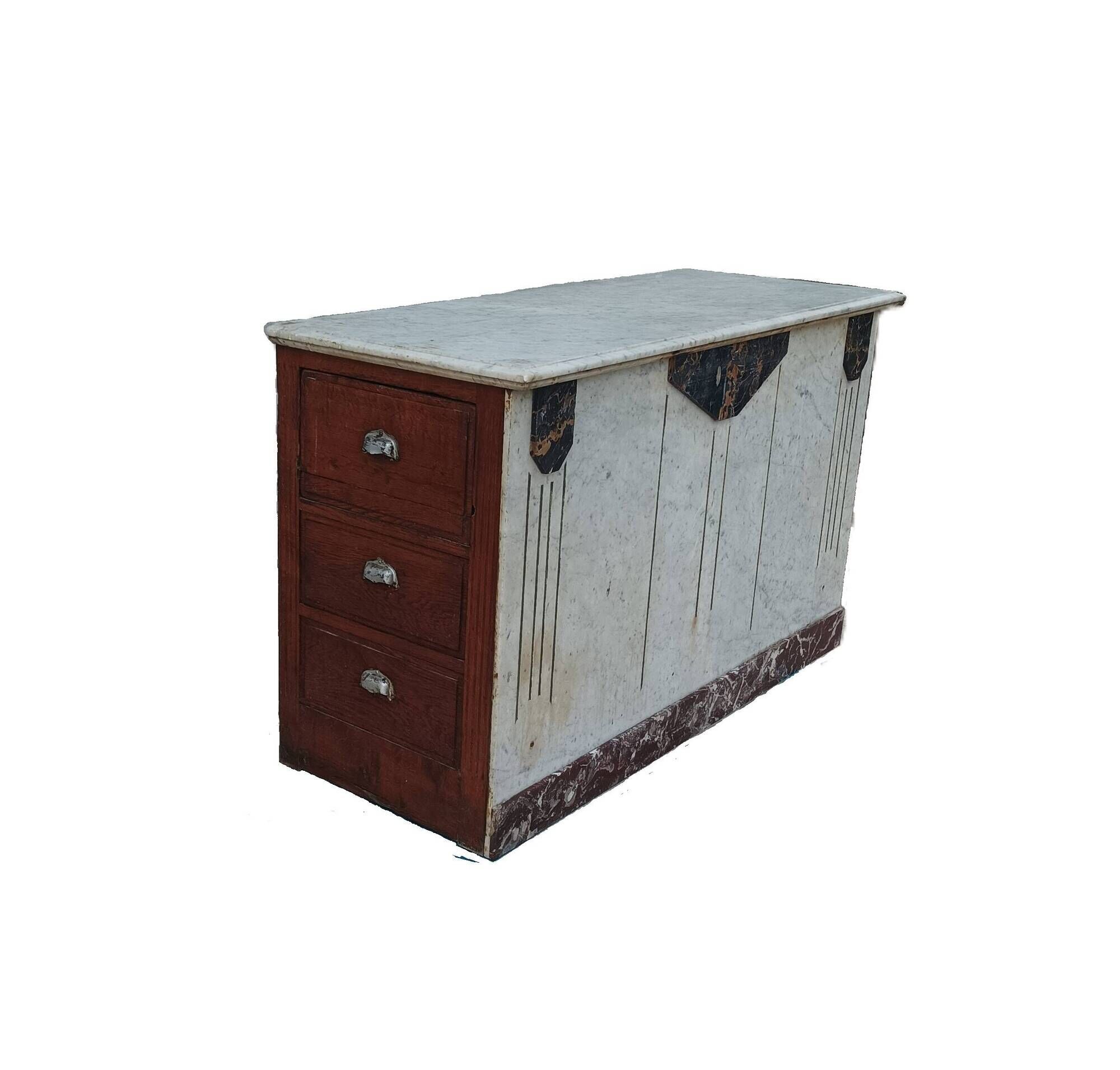 Central island shop counter in marble and oak, Art Deco period.