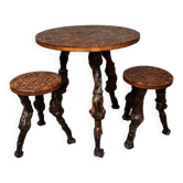 Brutalist table and 2 tripod stools set