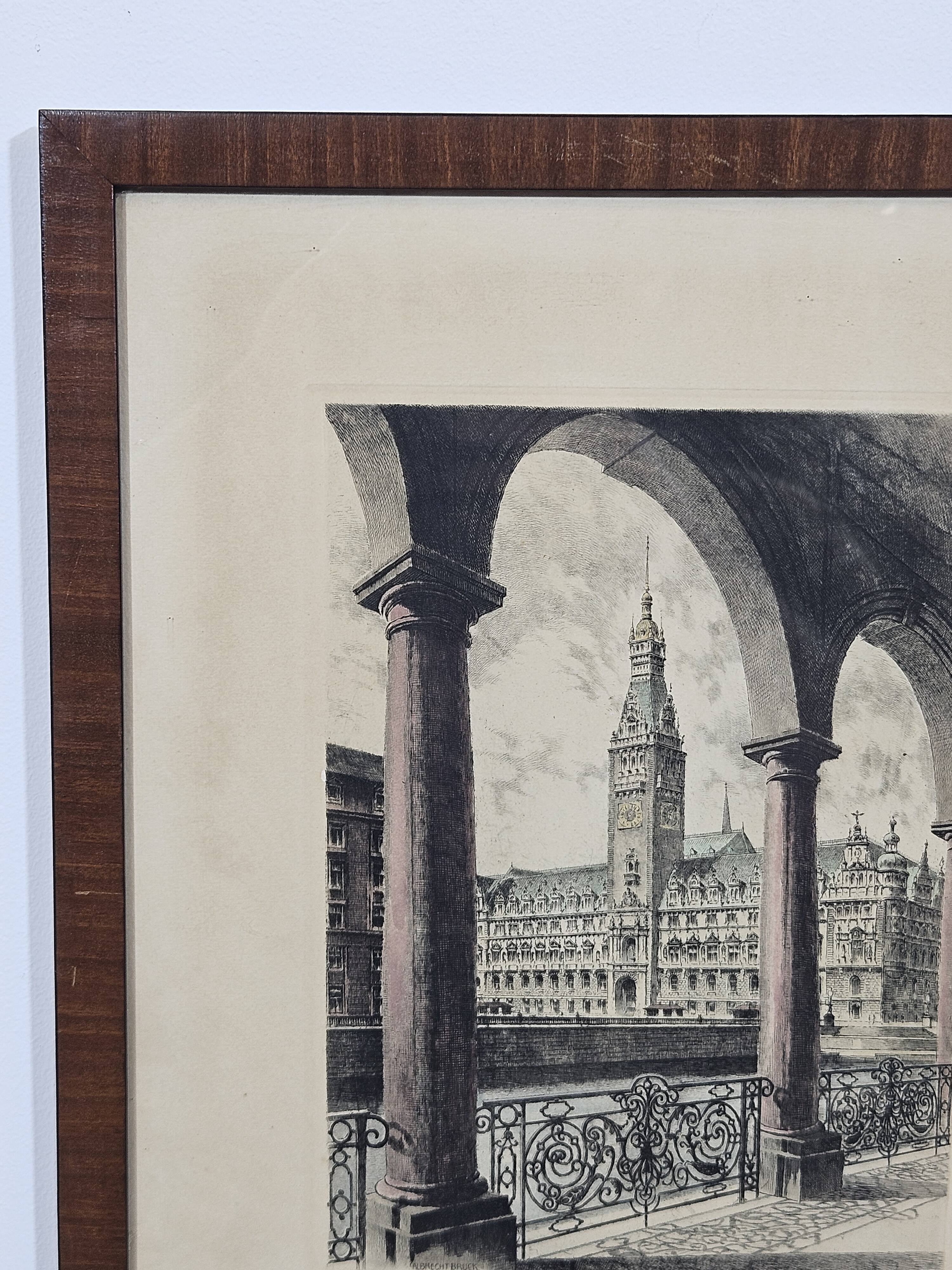 Etching "Town Hall in Hamburg" by Albrecht Bruck