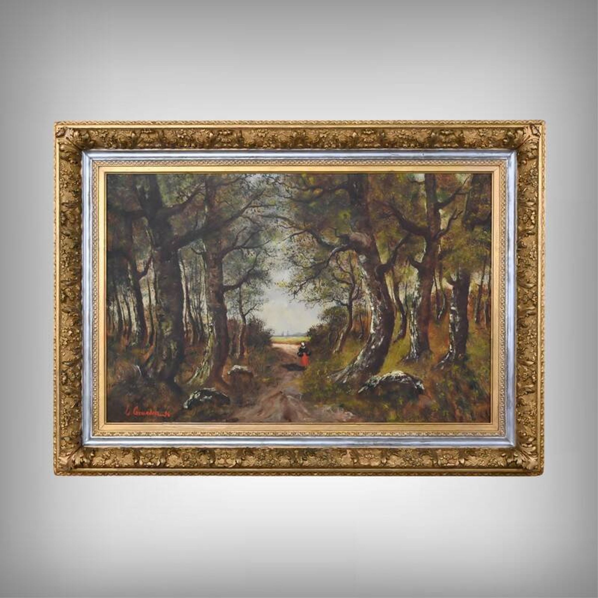 Important painting "Stroll in the Underwood", oil on canvas, signed L. Gourdon – 1896