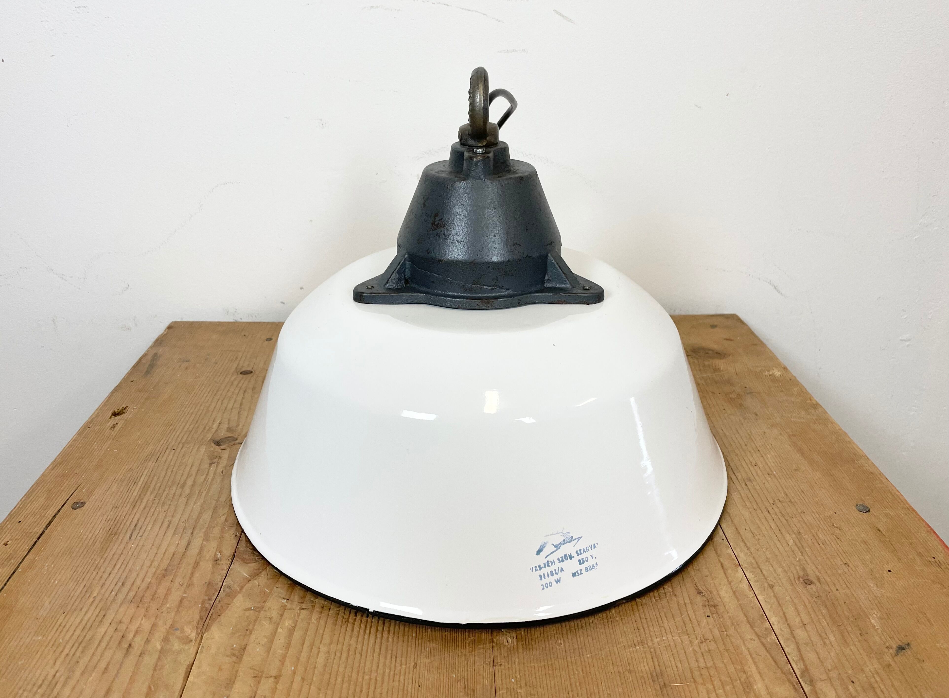 White Enamel and Cast Iron Industrial Pendant Light, 1960s