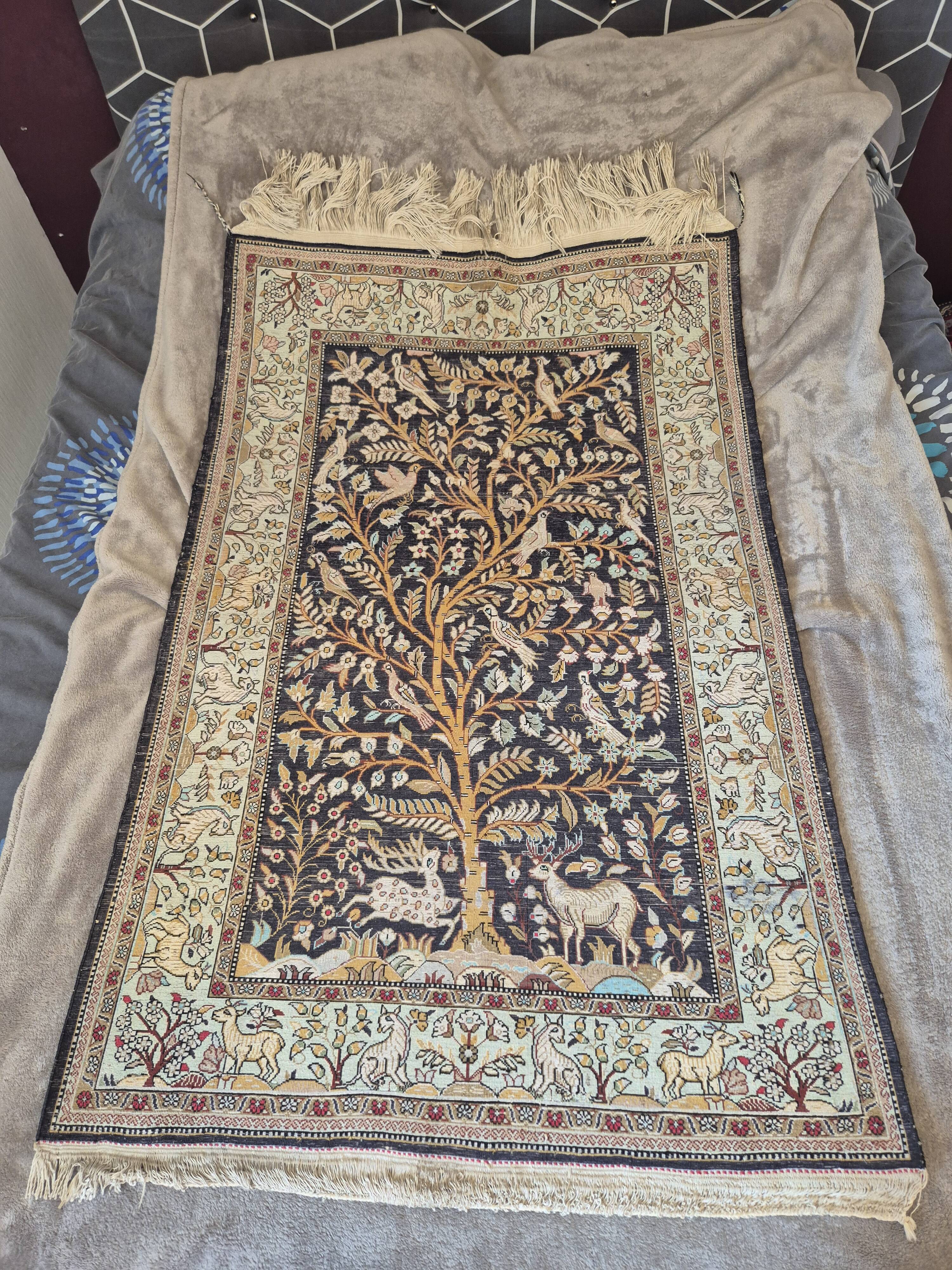 Persian Qom Silk on Silk 80x130 - Tree of Life Black and Gold - Very Fine