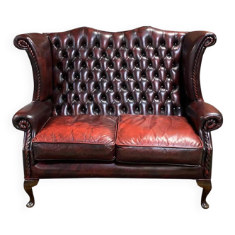 2-seater leather Chesterfield wingback sofa from the 80s