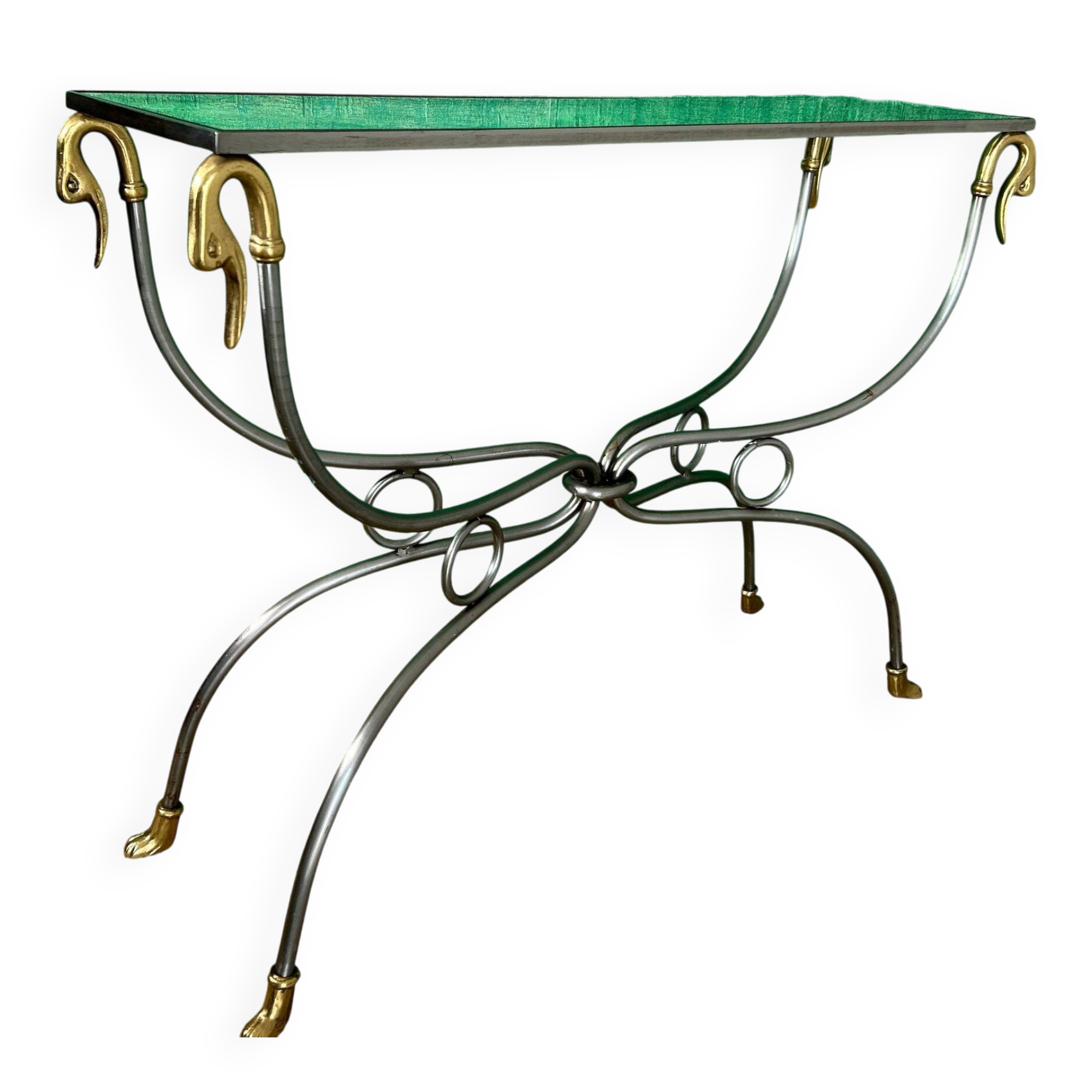 Polished steel and brass console, probably Maison Jansen, France, mid-century modern Hollywood Regency.