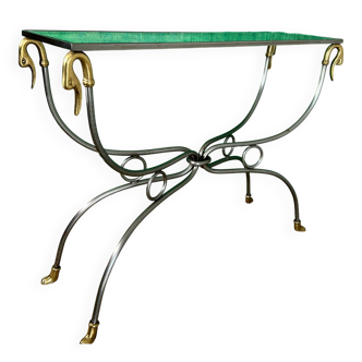 Polished steel and brass console, probably Maison Jansen, France, mid-century modern Hollywood Regency.