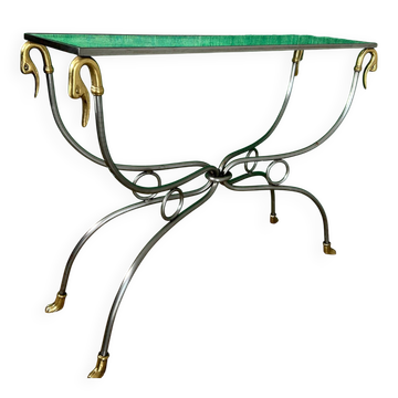 Console en acier poli et laiton, probablement Maison Jansen, France, modernisme du milieu du siècle Hollywood Regency