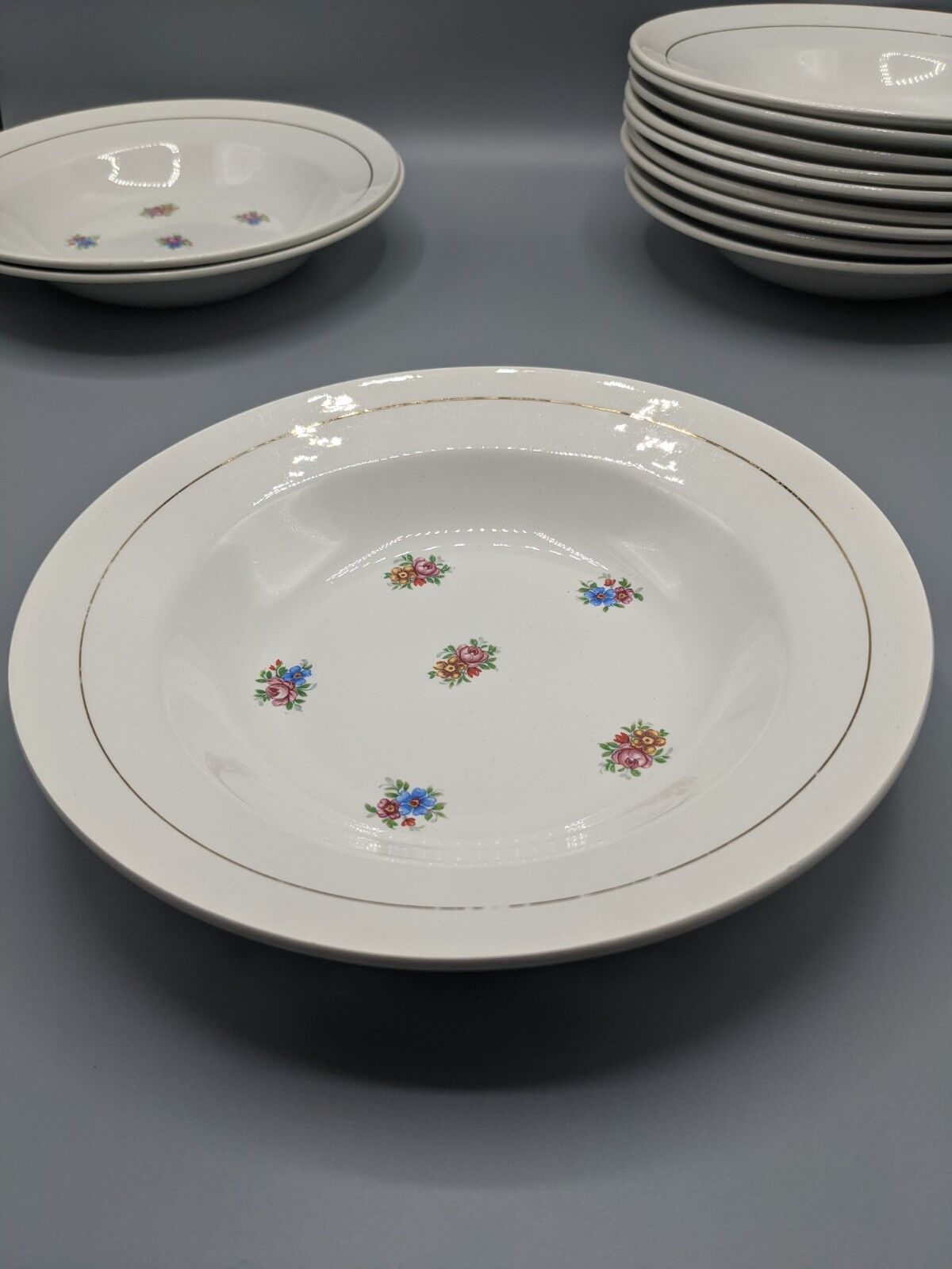 12 hollow porcelain plates, floral decoration and golden ledé - ∅: 23cm