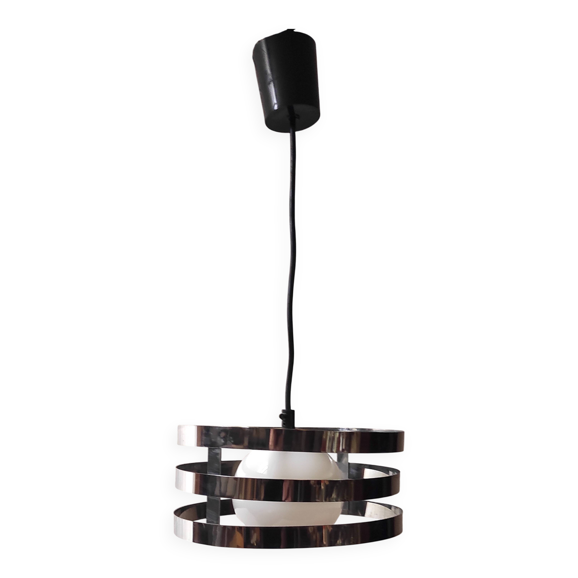 Chrome metal and opaline globe pendant light - 1970s