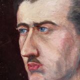 Old oil painting on cardboard portrait of a man in a blue suit