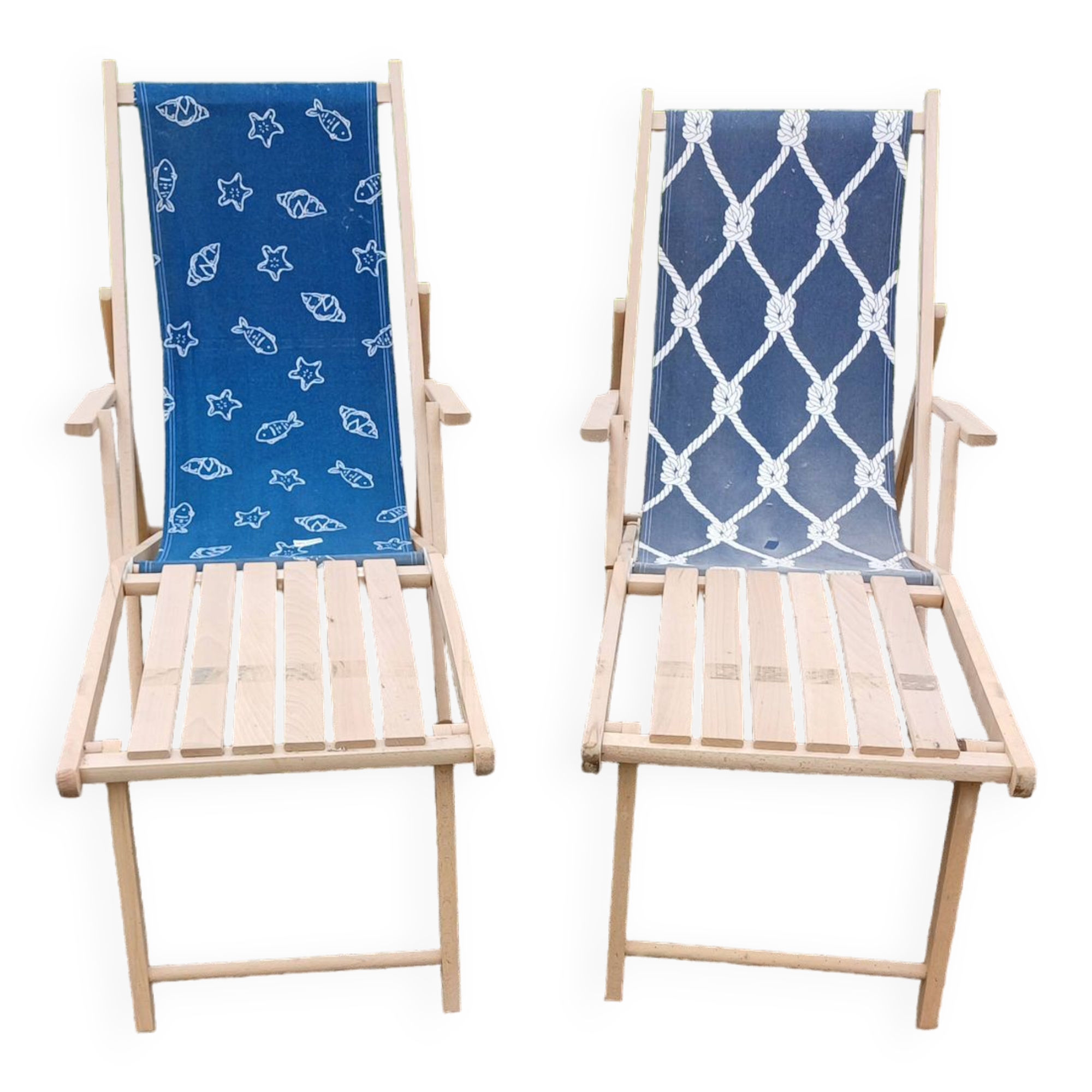 Pair of wood and fabric long chairs