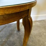 French Art Deco side table, 1930s vintage round wooden table with mirrored top