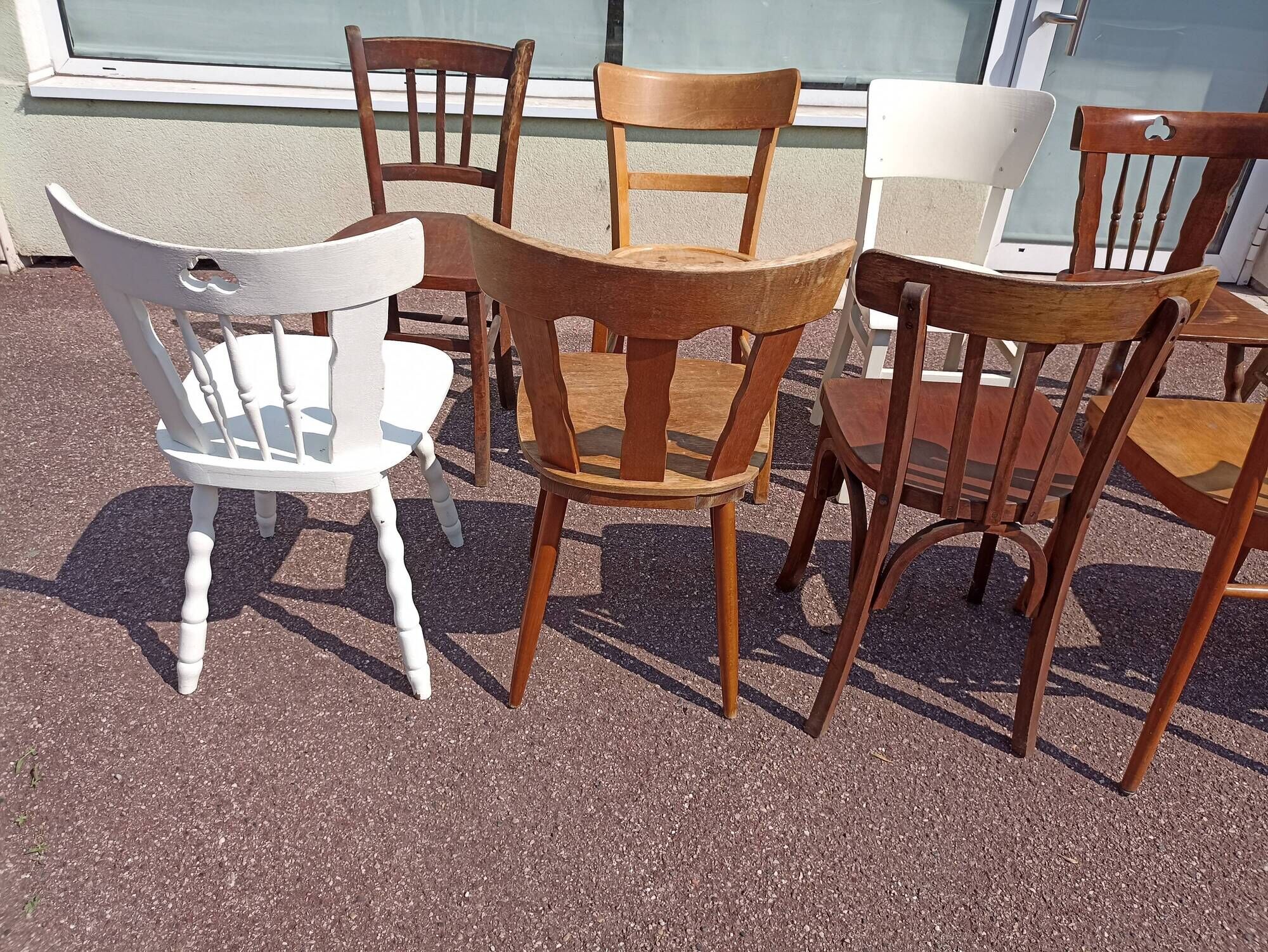 Set of 18 mismatched wooden bistro chairs - vintage