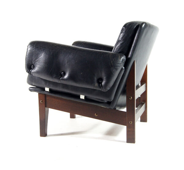 Danish teak & black leather armchair 50s