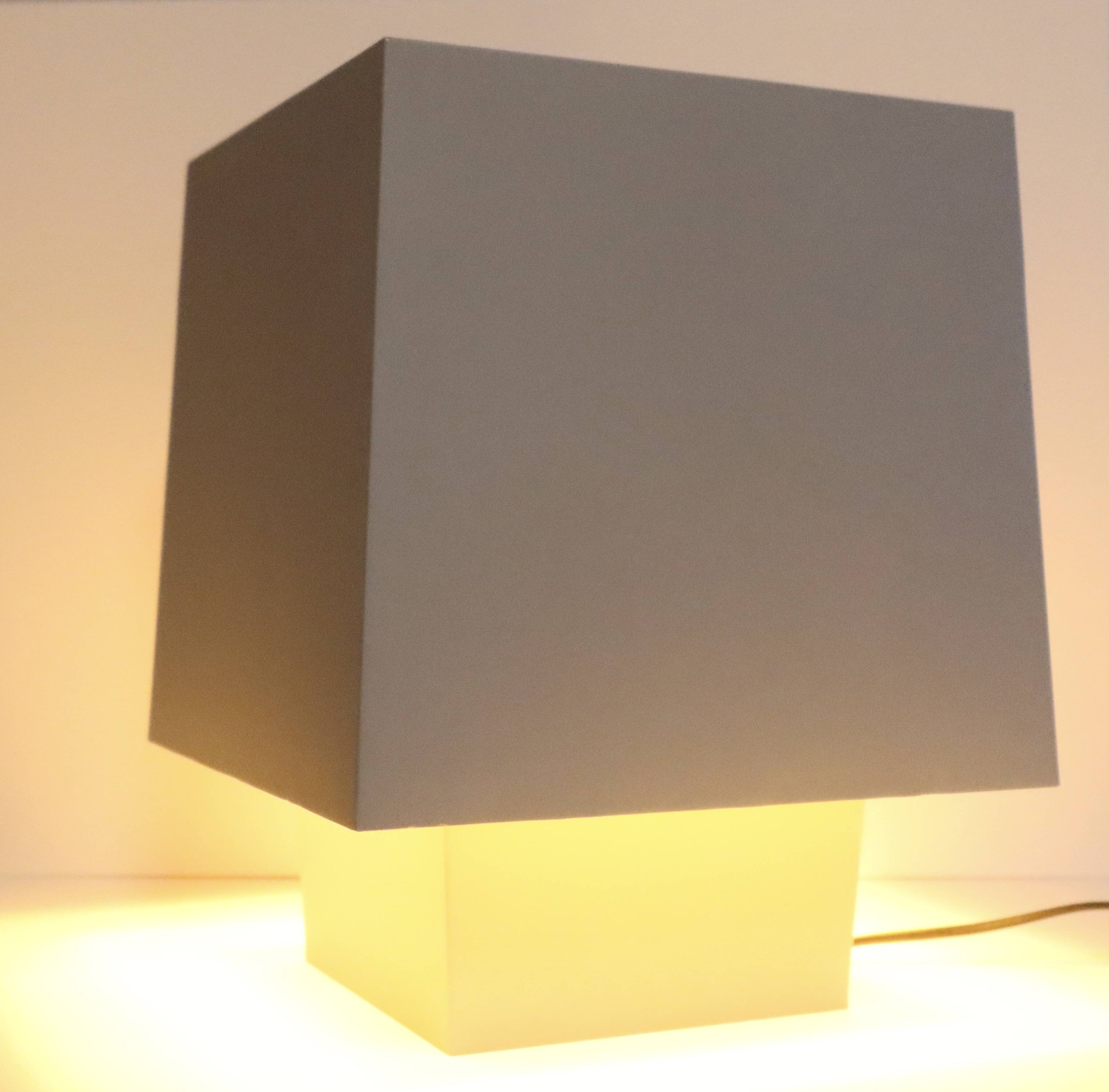 Grey metal cubic design lamp, coloured filters and Japanese signature.