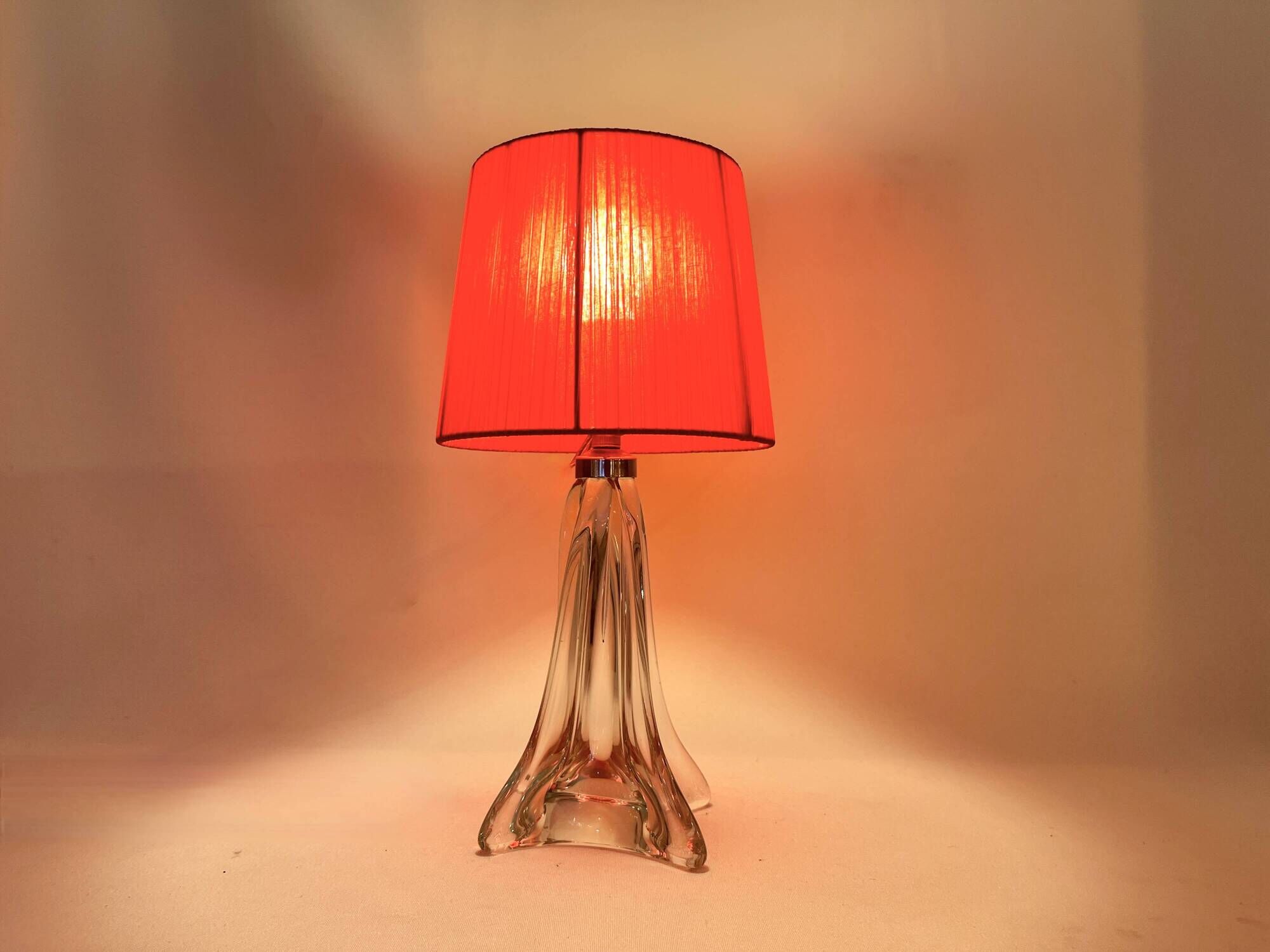 Vintage crystal lamp base with red pleated organza ribbon shade 1940