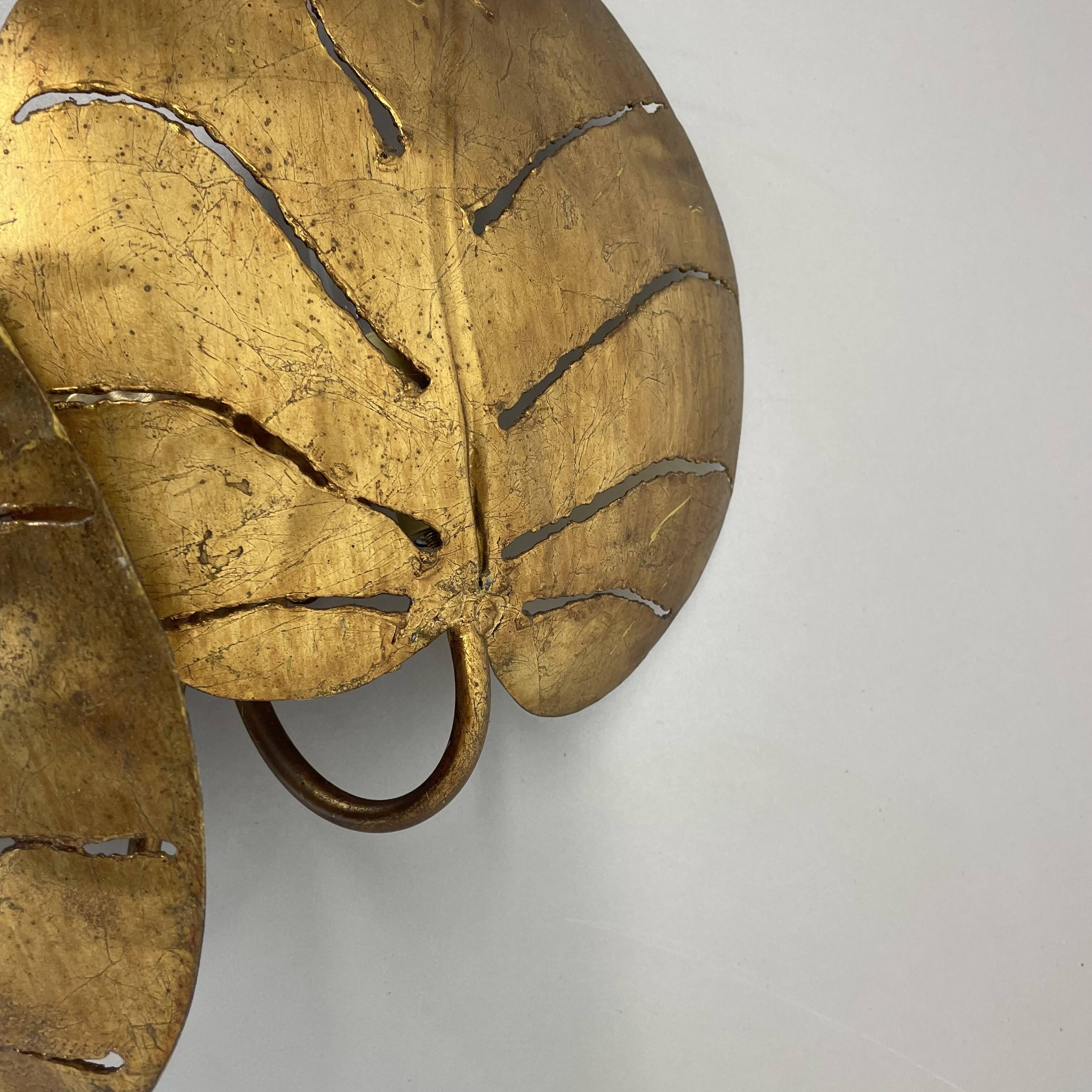 Golden metal "monstera" leaf wall light sconce, france, 1970s