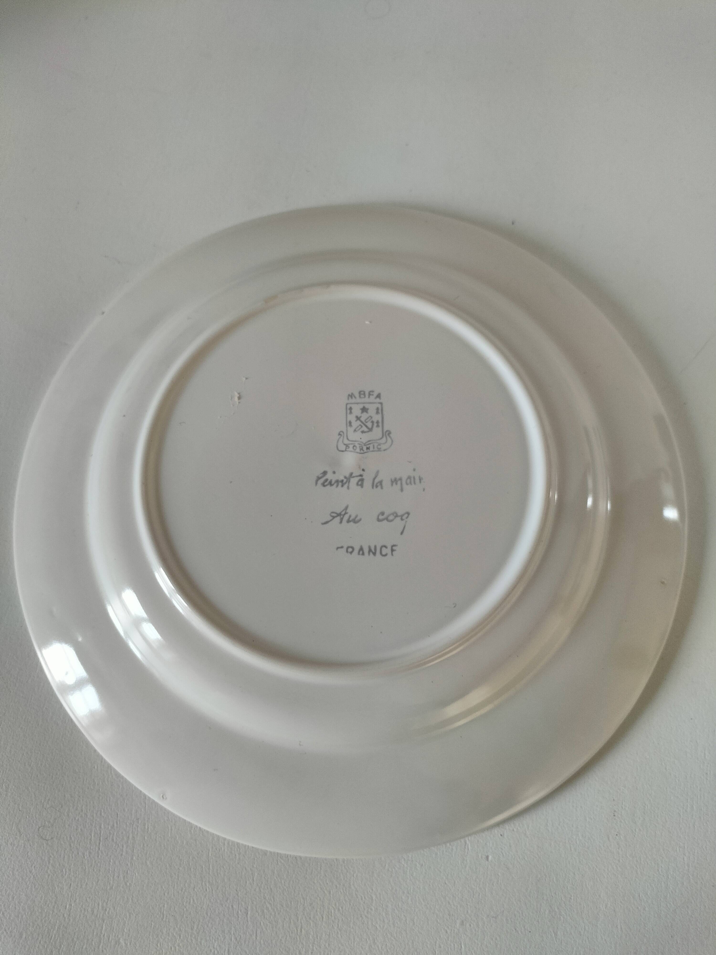 Hand-painted earthenware plate from Pornic, vintage rooster design