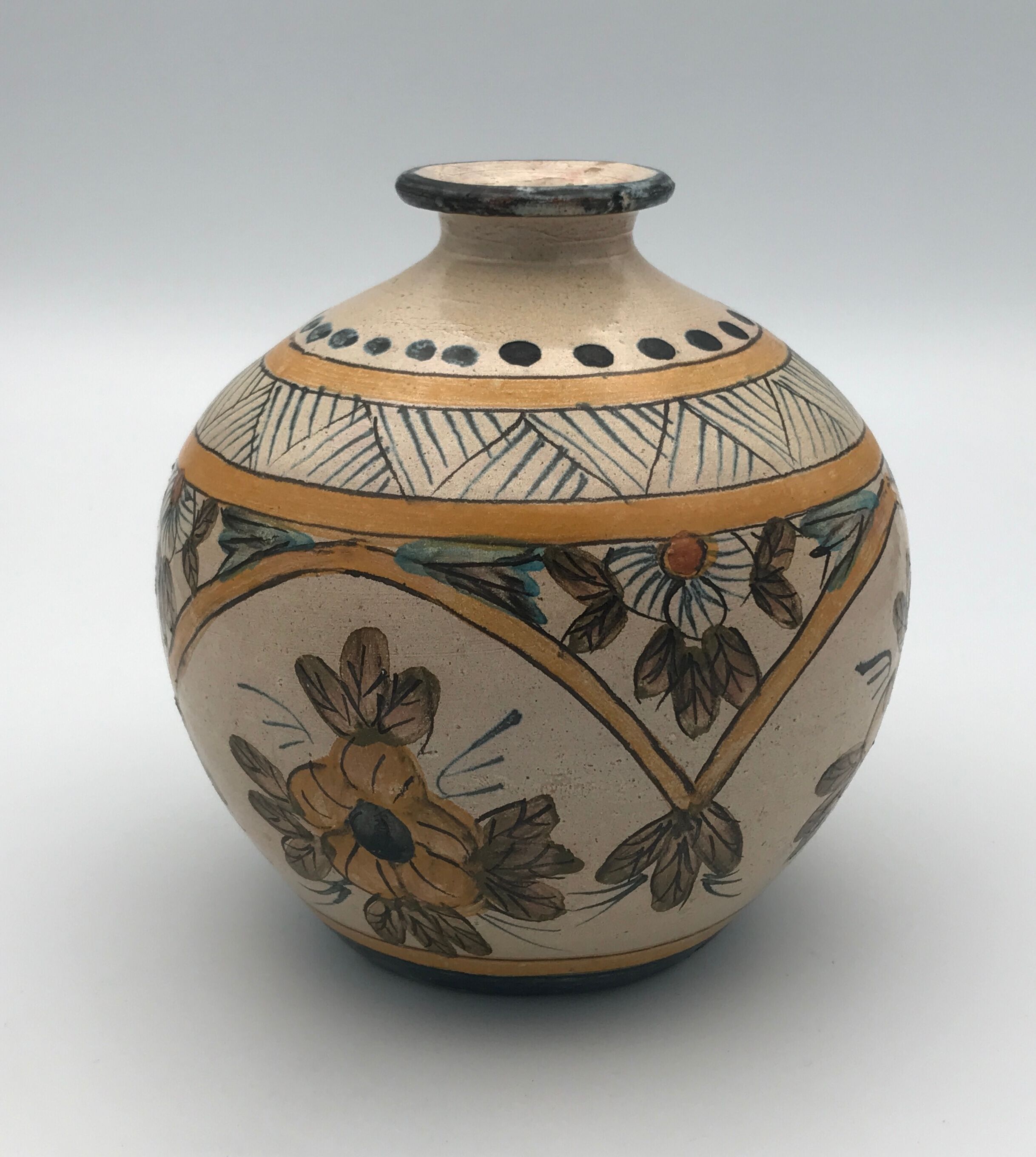 Vintage vase shaped terracotta ball with handheld paint decoration polychrome signed